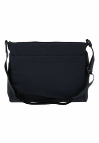 Borsa messenger blu scuro con una superficie texturizzata, tracolla regolabile, chiusura con zip e tasca anteriore. Design minimalista senza hardware visibile.