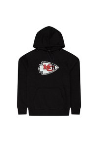 Felpa nera con cappuccio realizzata in morbido tessuto, con un logo rosso e bianco posizionato al centro. Include una tasca frontale e polsini a costine.