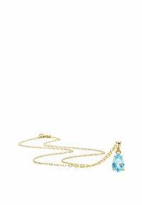 Collier en chaîne en or présentant un pendentif en pierre précieuse de forme poire de couleur bleu clair, avec une finition polie et des maillons de texture uniforme.