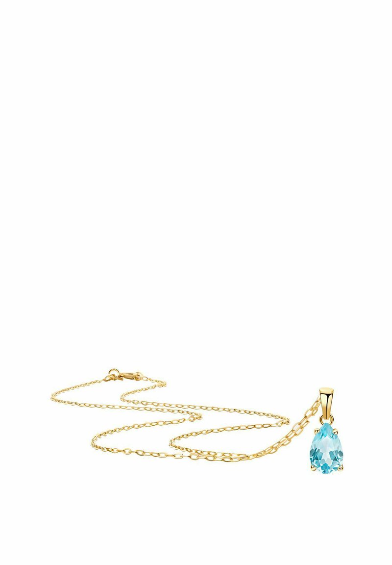 Collier en chaîne en or présentant un pendentif en pierre précieuse de forme poire de couleur bleu clair, avec une finition polie et des maillons de texture uniforme.