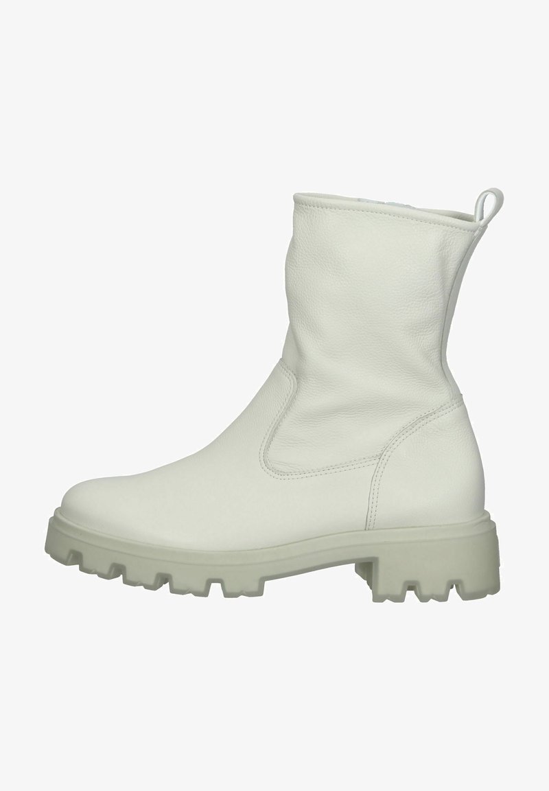 Stivaletto alla caviglia bianco in pelle con una superficie liscia, punta rotonda e suola spessa con battistrada. Presenta una linguetta sul retro per facilitare l'indosso.