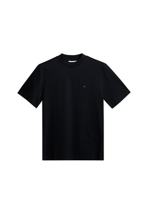 Sort kortærmet t-shirt med rund hals og et lille diskret logo på venstre bryst.