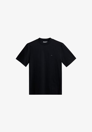 T-shirt nera a maniche corte con collo a giro e un piccolo logo discreto sul lato sinistro del petto.