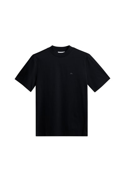 T-shirt nera a maniche corte con collo a giro e un piccolo logo discreto sul lato sinistro del petto.