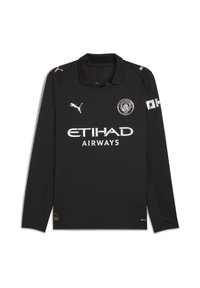 Tricou de fotbal cu mânecă lungă, de culoare neagră, cu guler, având logo-uri albe: "ETIHAD AIRWAYS" și "PUMA." Material neted cu tehnologie de eliminare a umezelii.