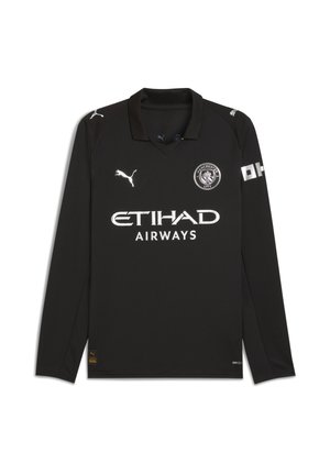 Schwarzes langärmliges Fußballtrikot mit Kragen, das weiße Logos "ETIHAD AIRWAYS" und "PUMA" zeigt. Glattes Gewebe mit Feuchtigkeitsregulierungstechnologie.