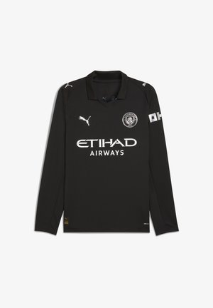 Sort langærmet fodboldtrøje med krave, med hvide logoer: "ETIHAD AIRWAYS" og "PUMA." Glat stof med fugttransporterende teknologi.