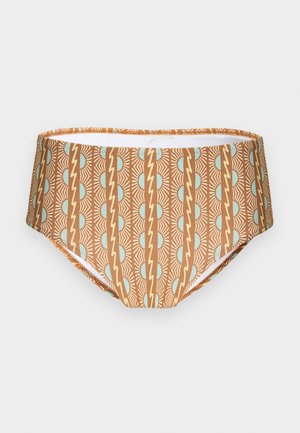 Bas de bikini taille haute avec un motif géométrique de soleil et d'éclair marron, crème et bleu clair sur fond uni.
