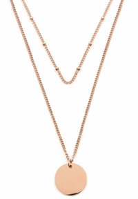 Roségoldenes, geschichtetes Halsband mit zwei Kettenlängen. Verfügt über einen glatten, runden Anhänger. Die Ketten haben ein zartes Design mit kleinen Perlen.