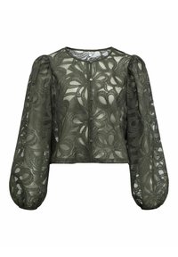 Zielona oliwkowa krótka koronowa bluzka z długimi bufkowymi rękawami i zapinana na guziki z przodu, z misternymi kwiatowymi wzorami i przezroczystą fakturą.