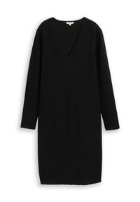 Schwarzes Kleid mit V-Ausschnitt, langen Ärmeln und strukturiertem Stoff. Hat eine gerade Silhouette und einen knielangen Saum. Einfaches Design, ohne Muster.