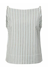 Blouse sans manches avec des rayures verticales blanches et marron clair, encolure carrée et léger détail froncé aux épaules.