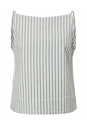 Varrukateta pluus vertikaalsete valgete ja helepruunide triipudega, ruudukujuline kaelus ja õlgadel kerge volang.