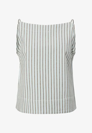 Blusa senza maniche con righe verticali bianche e marrone chiaro, scollatura quadrata e lieve dettaglio di arricciatura sulle spalle.