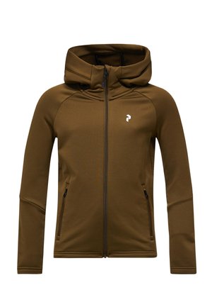 Braune Zip-Hoodie mit seitlichen Reißverschlusstaschen und kleinem weißen Logo auf der linken Brust, dargestellt auf weißem Hintergrund.