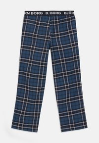 Pantalon de pyjama à carreaux bleus et noirs avec des lignes blanches et une ceinture élastique noire marquée du texte "BJÖRN BORG".