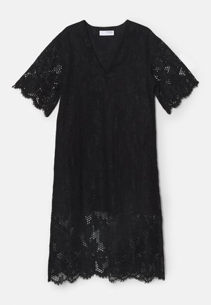Black lace dress featuring a V-neck and short sleeves, with scalloped edges and intricate floral patterns throughout the fabric.