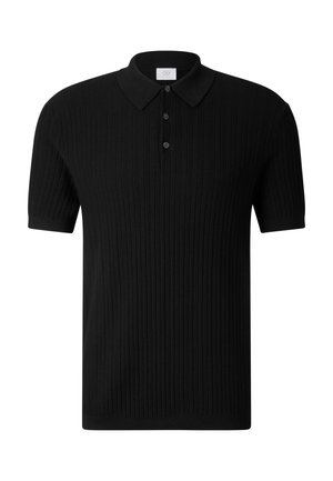Polo en maille à manches courtes noires avec motif vertical texturé et patte de boutonnage à trois boutons, doté d'un col classique.