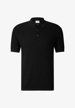 Polo en maille à manches courtes noires avec motif vertical texturé et patte de boutonnage à trois boutons, doté d'un col classique.