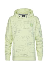 Sudadera amarilla claro con patrones geométricos en gris oscuro, capucha con cordones y un bolsillo frontal con un parche de logo.