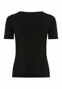 Sort kortærmet T-shirt med en tætsiddende design, rund halsudskæring og blødt bomuldsstof. Ingen mønstre eller udsmykninger.