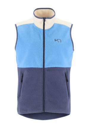 Fleece vest met een kleurblokontwerp in lichtblauw, crème en marineblauw, met een hoge kraag, ritssluiting en zijzakken.