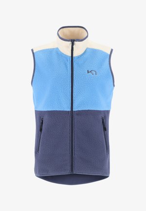 Fleece vest met een kleurblokontwerp in lichtblauw, crème en marineblauw, met een hoge kraag, ritssluiting en zijzakken.
