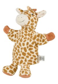 Stuffed giraffe toy made of soft, plush fabric with a spotted pattern in beige and brown, featuring corduroy accents on the hooves.