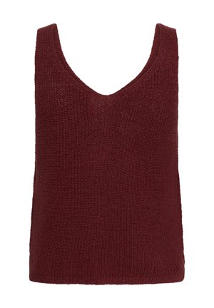 Bez rękawów, dziergany top w głębokim burgundowym kolorze z dekoltem w serek i teksturowanym wzorem ściegów.