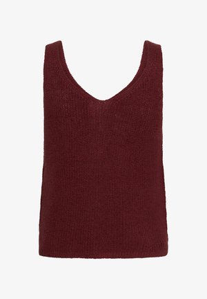 Ærmeløs strikket tanktop i dyb bourgogne med V-hals og tekstureret strikmønster.