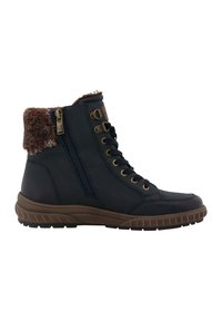 Bottines noires d'hiver à la cheville avec semelle marron, fermeture éclair sur le côté, lacets noirs, œillets en métal et doublure en fourrure.