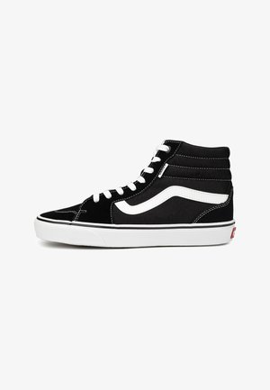 High-top black sneakers made of canvas with white accents, featuring a distinctive wave design, rubber sole, and white laces.