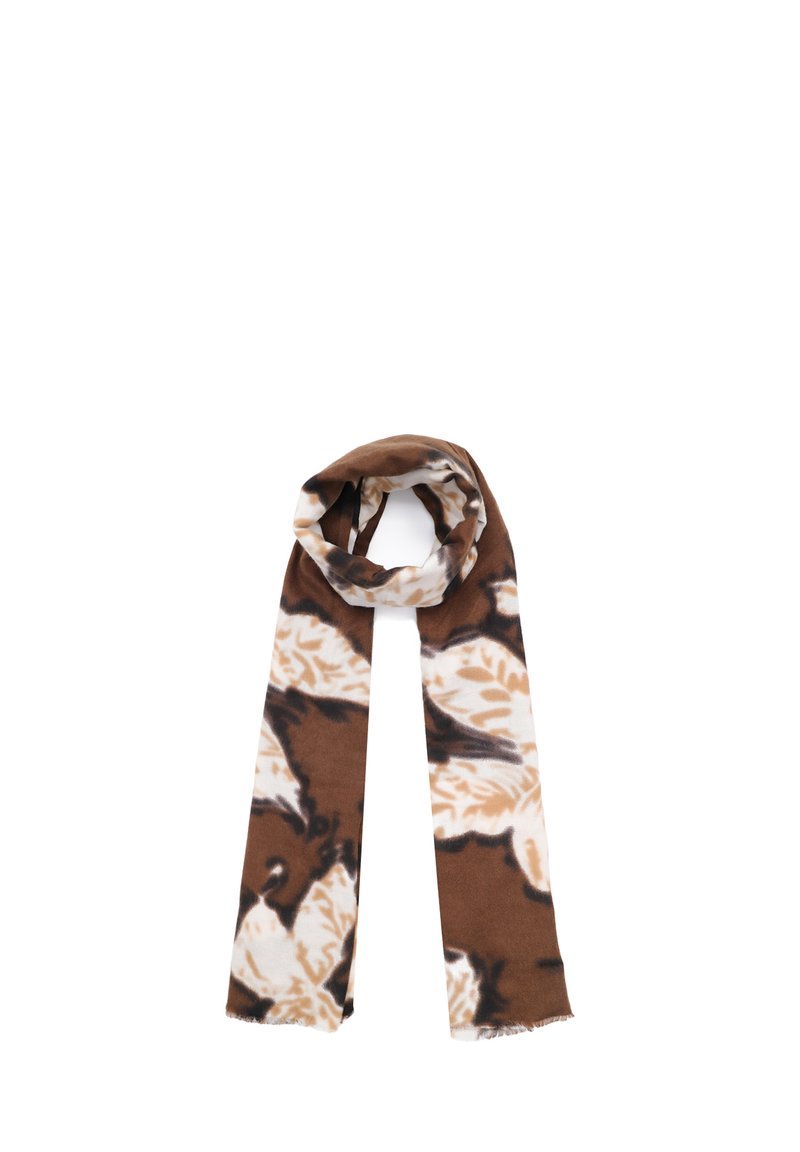 Sciarpa marrone e crema con un motivo floreale, realizzata in un tessuto morbido con un bordo leggermente sfilacciato, di forma lunga e rettangolare.