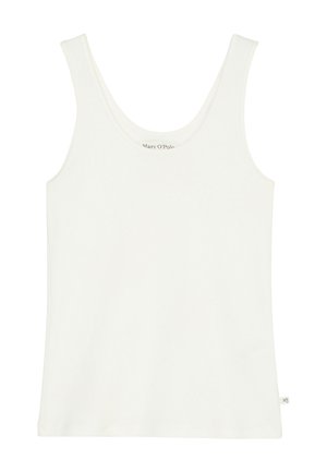 Weißes ärmelloses Tanktop aus geripptem Stoff, mit einem Rundhalsausschnitt und einem kleinen Logotag an der Seite. Glatte Textur, taillierte Form.