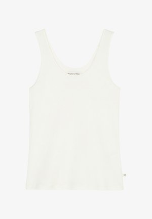 Débardeur blanc sans manches en tissu côtelé, avec un décolleté en scoop et une petite étiquette de logo sur le côté. Texture lisse, coupe ajustée.