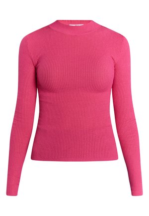 Rebrast majica z dolgimi rokavi v svetlo rožnati barvi, z visokim ovratnikom in prilegajočim krojem. Tkanina ima gladko in elastično teksturo.