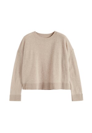 Pull beige en maille avec un col rond, épaules tombantes et poignets et ourlet côtelés. Texture douce, longueur courte et design simple.