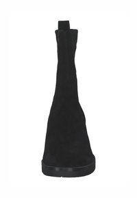 Botín de ante negro, con un diseño elegante y ceñido, punta redondeada y suela de goma plana. Presenta una lengüeta en la parte trasera.