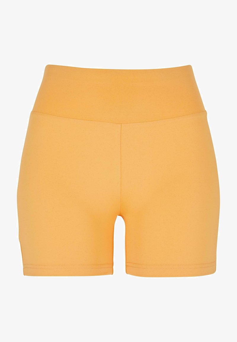 Shorts taille haute de couleur moutarde, fabriqués dans un tissu extensible. Texture lisse avec une coupe ajustée et des coutures nettes à l'ourlet.