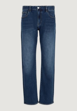 Jeans in denim blu scuro con design a gamba dritta, dotati di chiusura con bottone e cerniera, cinque tasche e cuciture a vista.