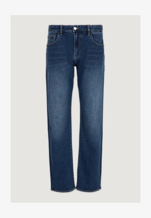 Jeans in denim blu scuro con design a gamba dritta, dotati di chiusura con bottone e cerniera, cinque tasche e cuciture a vista.