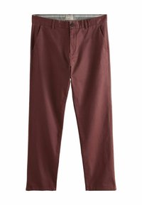 Chinos bordeaux en tissu coton, avec une taille plate, deux poches latérales et une fermeture à bouton. Texture lisse et coupe ajustée.