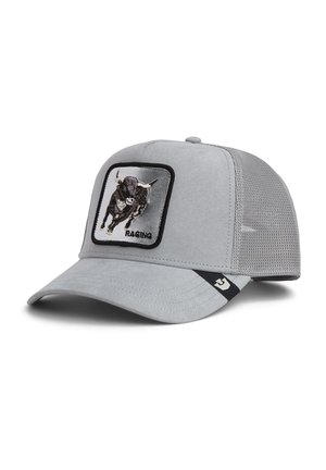 Gray mesh baseball cap with a stitched patch of a charging bull and the word "RAGING" on the front panel.