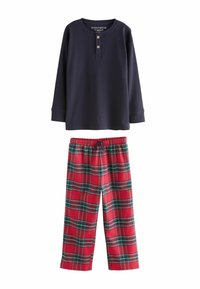Navy long-sleeve top with three button placket, paired with red plaid pajama pants featuring green and white lines. Soft texture fabric.