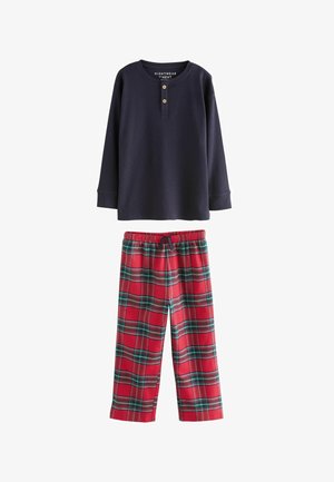 Námořnický dlouhý rukáv s třemi knoflíky, spárovaný s červenými kostkovanými pyžamovými kalhotami s zelenými a bílými pruhy. Měkký textilní materiál.