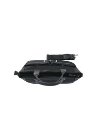 Black laptop bag with dual handles, detachable strap, multiple zippered compartments, smooth texture, and a structured design.