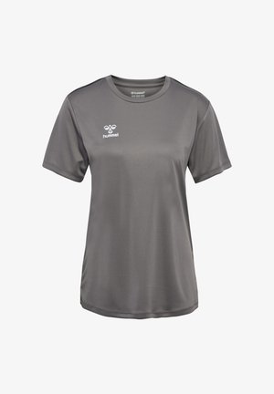 T-shirt de sport gris en tissu lisse et léger. Présente un col ras du cou, des manches courtes et un petit logo blanc sur la poitrine gauche.