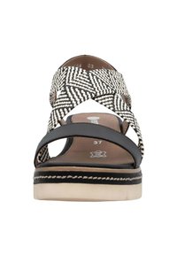 Black and white woven sandals with crisscross straps, leather footbed, and a textured platform sole. Size 37, visible stitching detail.