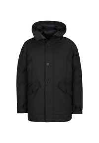 Zwarte gewatteerde jas met een capuchon, voor knopen, twee zijzakken en een gladde textuur. Eenvoudig ontwerp zonder zichtbare patronen.