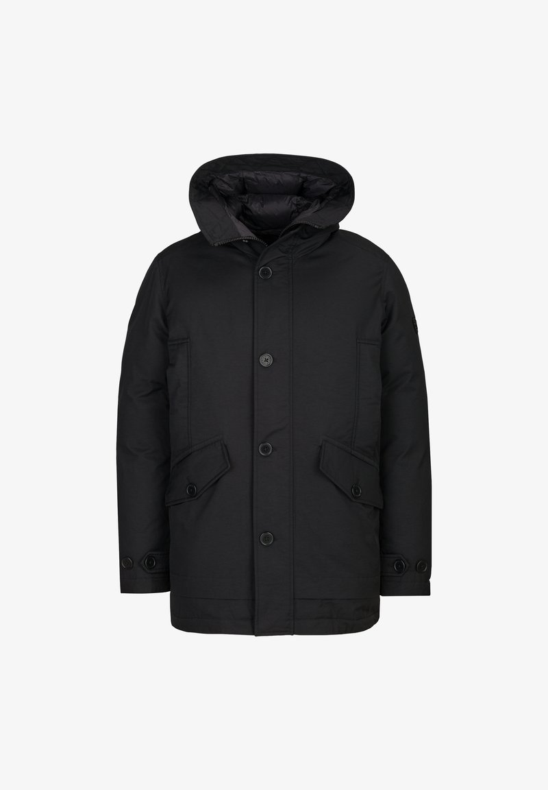 Zwarte gewatteerde jas met een capuchon, voor knopen, twee zijzakken en een gladde textuur. Eenvoudig ontwerp zonder zichtbare patronen.